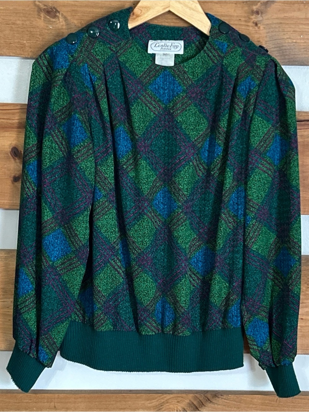 Vintage Leslie Fay Petites Multi-Colored Satin USA Long Sleeve Blouse Size 8